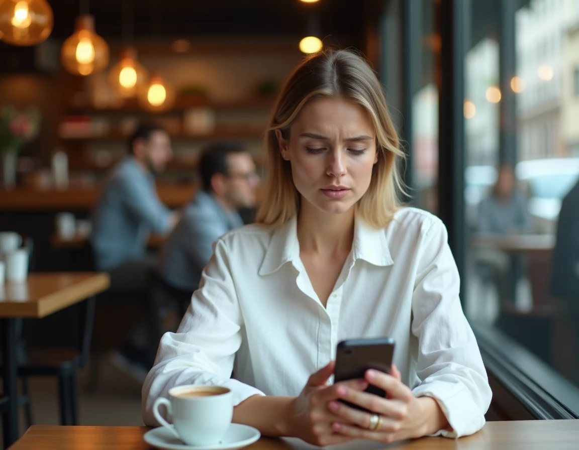 Femme cherchant un scan de manhwa sur son téléphone dans un café avec une expression méfiante