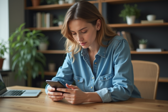 Femme en denim regardant son smartphone dans un bureau