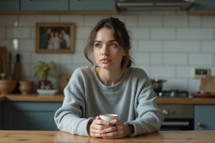 Femme pensive assise seule à la cuisine avec mug