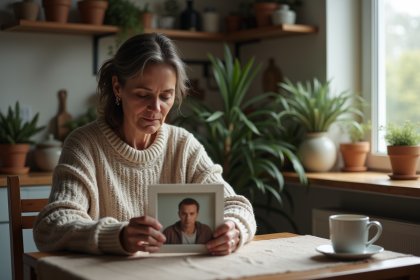 Femme d'âge moyen tenant une photo dans une cuisine chaleureuse