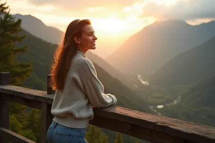 Jeune femme souriante contemplant le lever du soleil sur les montagnes