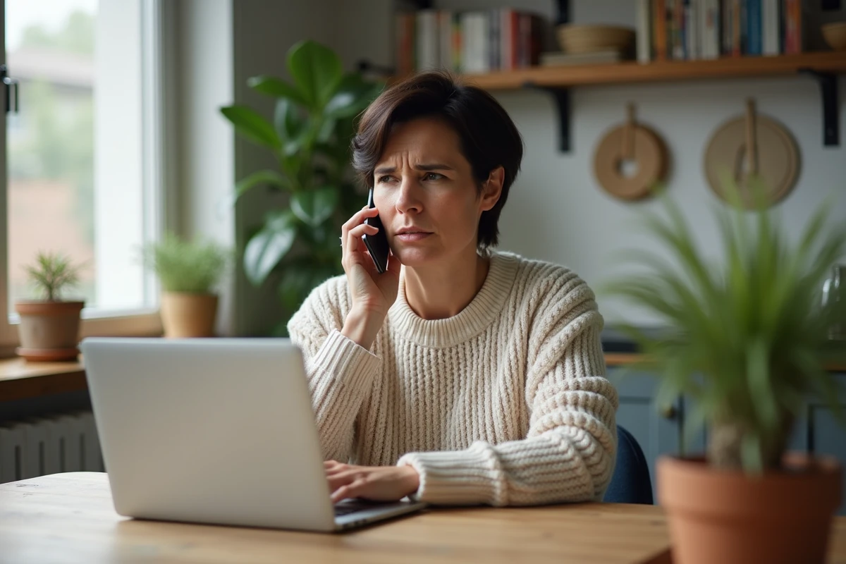 Femme d'âge moyen au téléphone dans un appartement cosy