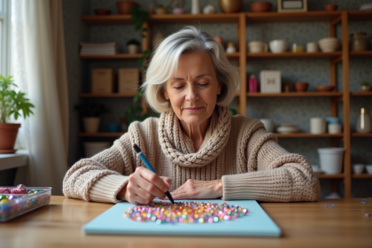 Femme d'âge moyen tricotant avec des perles colorées