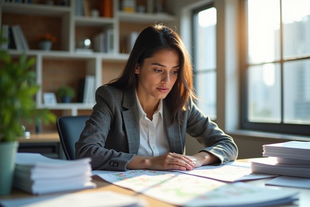 Jeune femme hispanique analysant des plans dans un bureau de planification urbaine