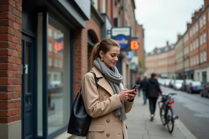 Femme avec tote bag v&eacute;rifiant son t&eacute;l&eacute;phone devant un magasin de quartier
