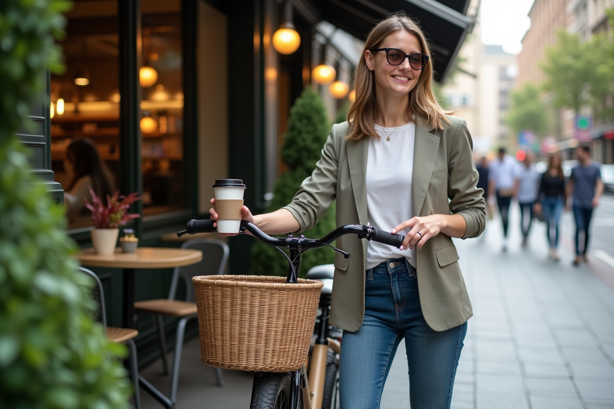 Femme avec vélo recyclé devant un café urbain durable