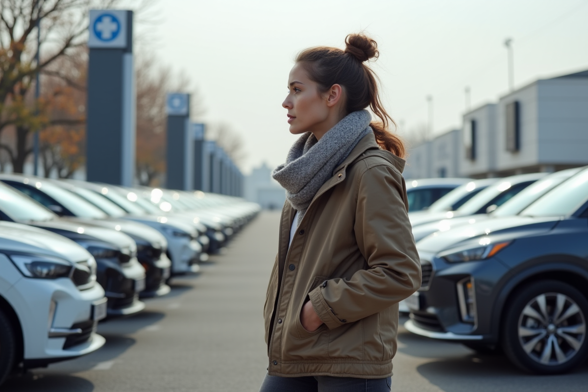 Jeune femme examinant une voiture électrique en concession extérieure