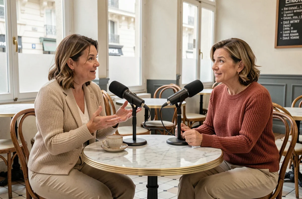 Deux femmes enregistrant un podcast dans un café parisien avec des microphones à condensateur sur une table en marbre