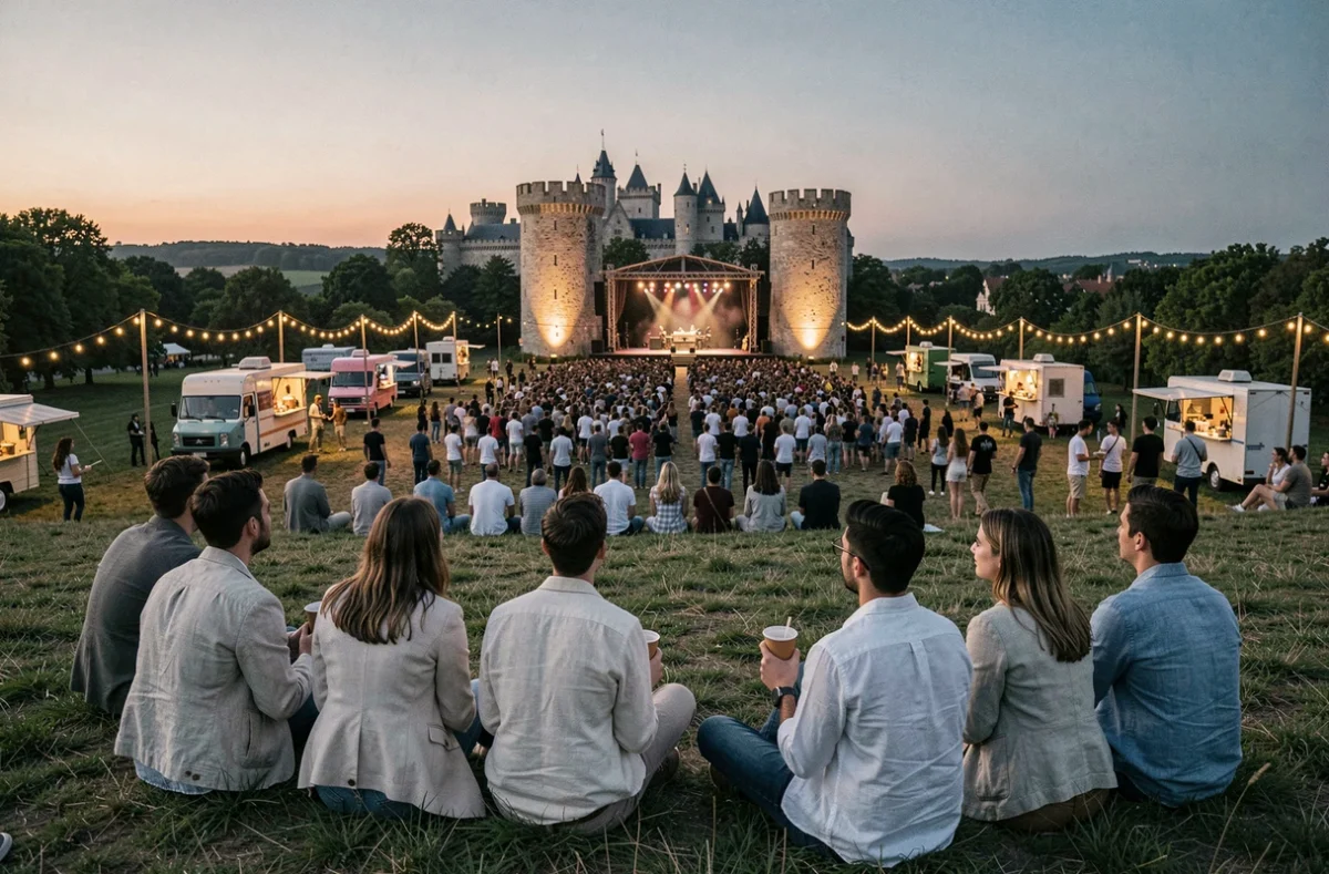Groupe de festivaliers assis sur une colline lors du concert en soirée du festival de Luynes 2026