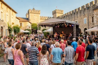 Foule réunie devant une scène de festival en plein air à Luynes, avec les remparts du château médiéval en arrière-plan