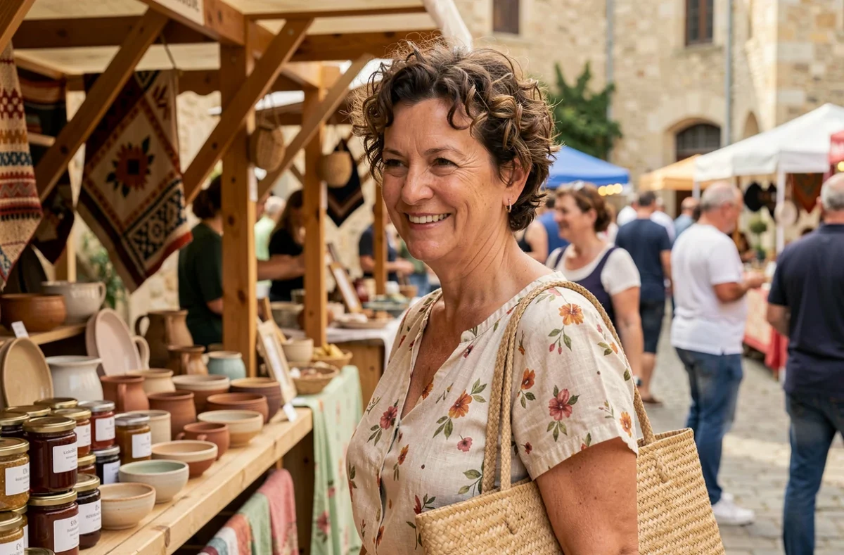 Femme souriante en train d'explorer les stands artisanaux du festival de Luynes 2026