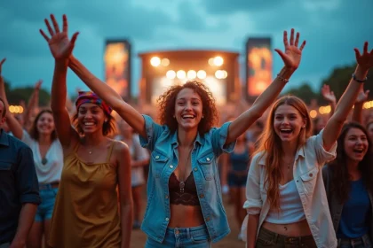 Groupe de festivaliers dansant en plein air lors d'un festival de musique à Lyon en été 2026