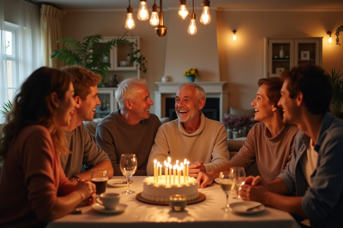 Famille célébrant un anniversaire autour d une table conviviale