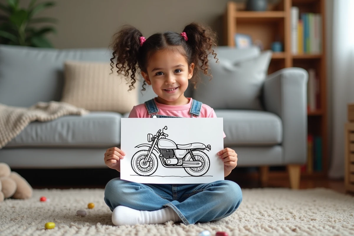 Fille de 4 ans montrant sa page de moto coloriée dans le salon