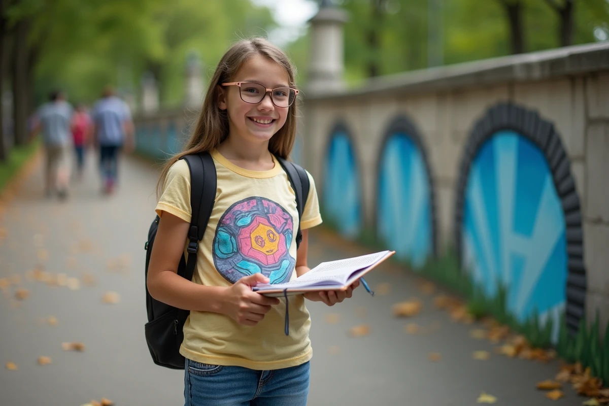 Adolescente dans un parc avec un carnet stratégie et portail mural