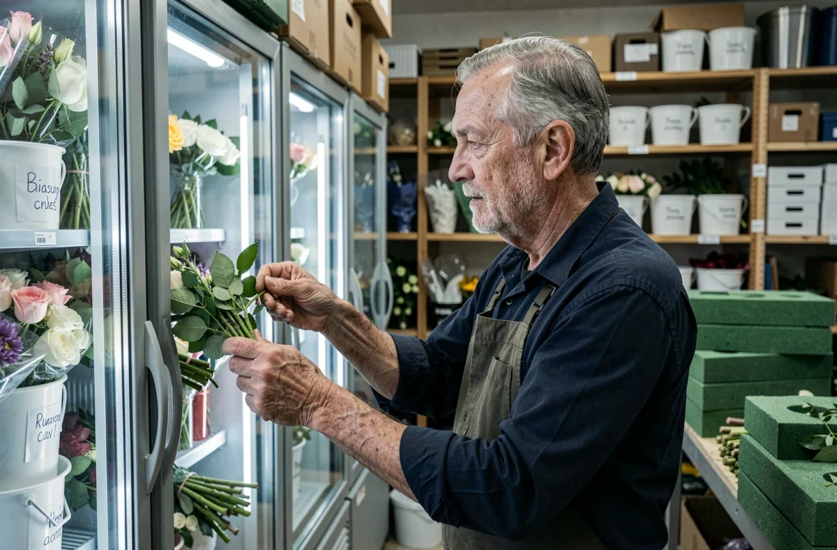 Fleuriste expérimenté sélectionnant des tiges fraîches dans la chambre froide de sa boutique marseillaise