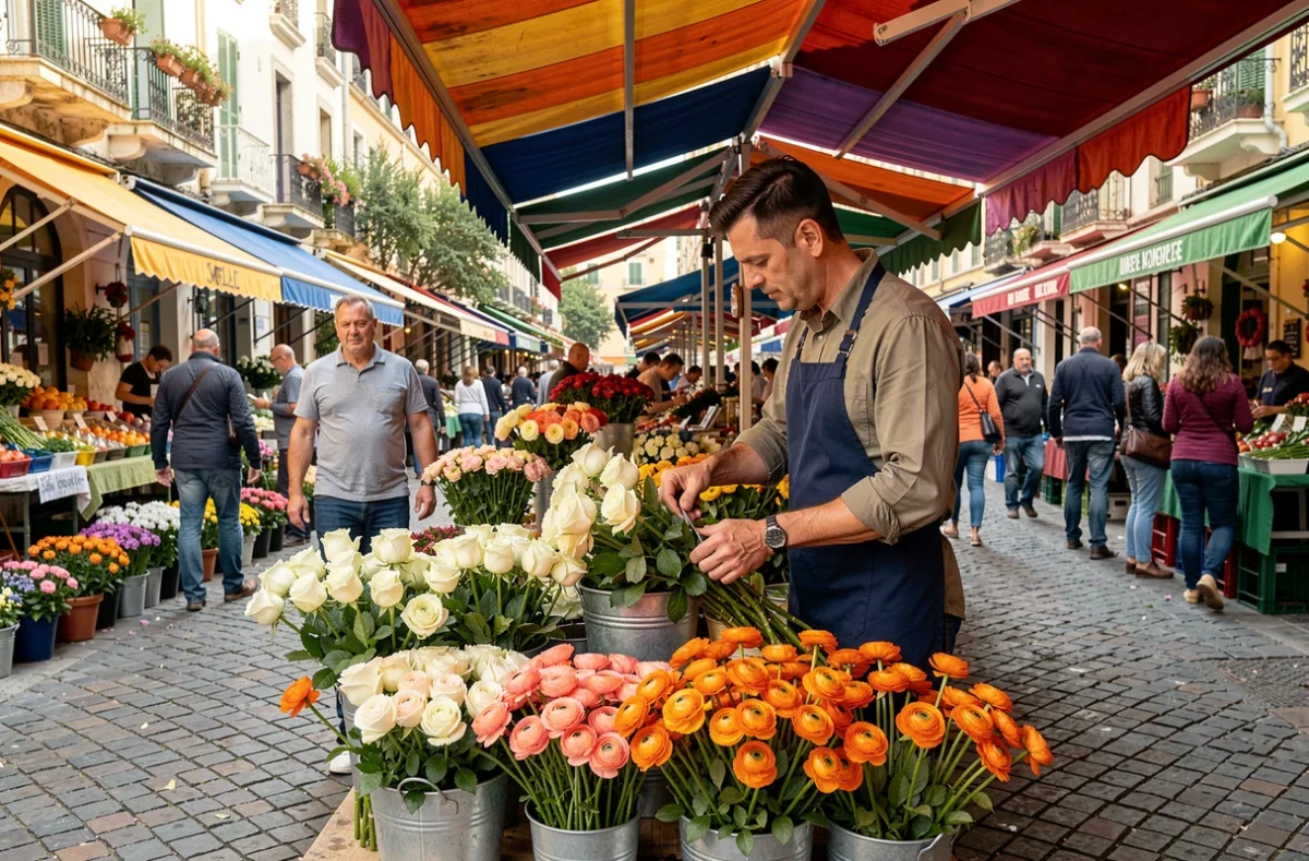Fleuriste masculin vendant des roses blanches sur un marché en plein air à Marseille