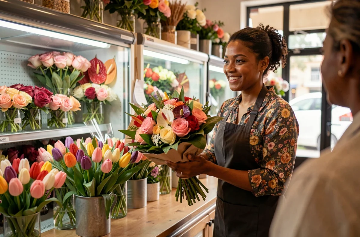 Fleuriste marseillaise accueillant une cliente avec un bouquet de saison dans sa boutique