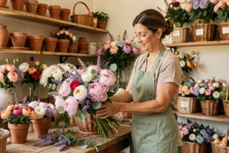 Fleuriste professionnelle à Marseille arrangeant un bouquet de pivoines et lavande dans sa boutique
