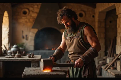 Forgeron romain musclé travaillant le métal chaud dans une forge antique