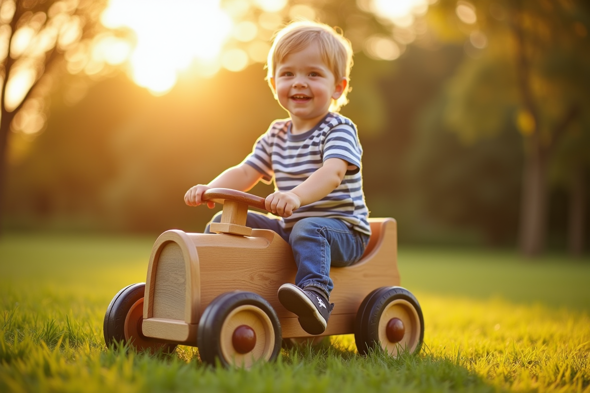 Garçon souriant roulant en voiture en bois dans l