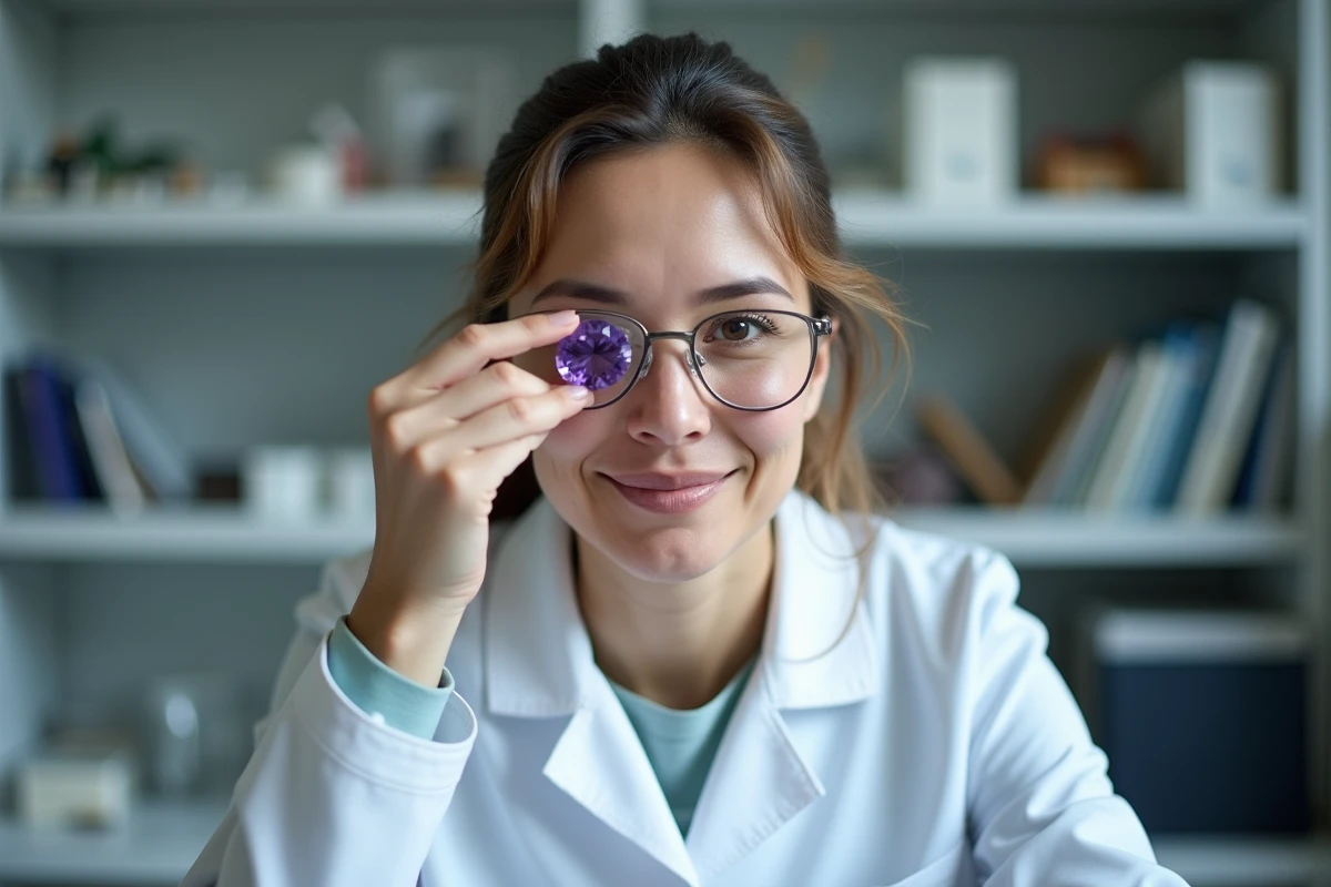 Gemmologue professionnelle examinant une am&eacute;thyste facett&eacute;e &agrave; la loupe pour authentifier la pierre pr&eacute;cieuse violette