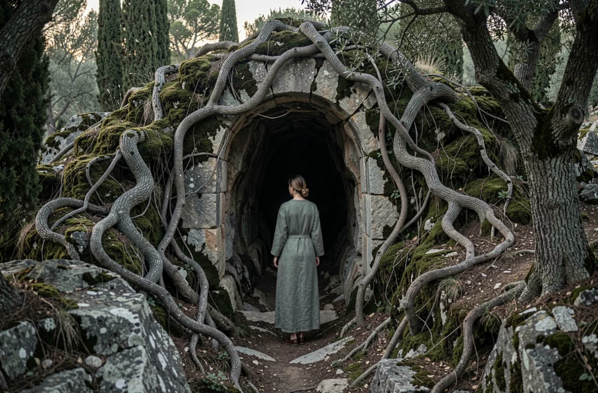 Femme en robe de lin grise se tenant à l'entrée d'une grotte antique en forêt méditerranéenne, symbolisant le passage entre le monde des vivants et des morts lié à Artémis