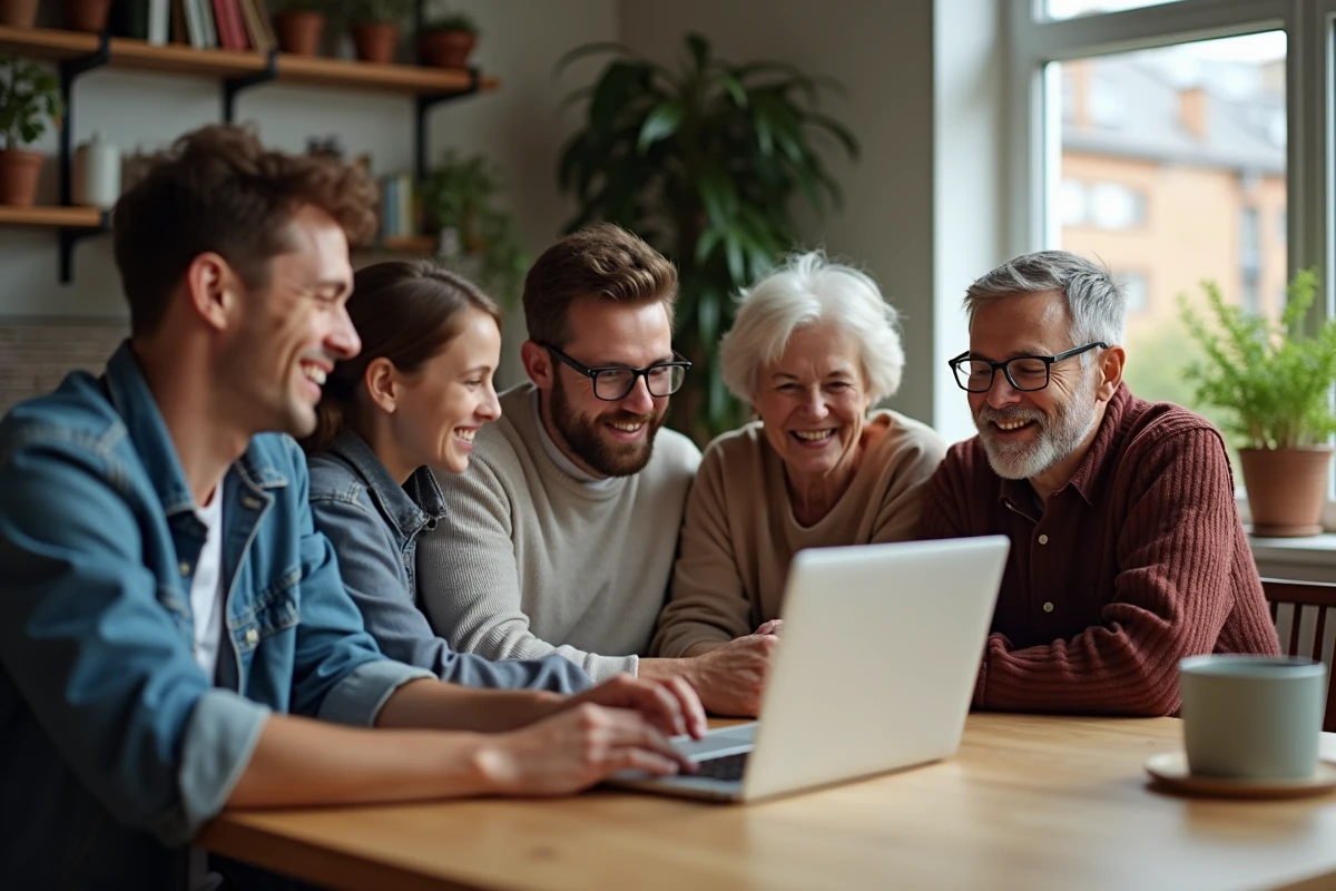 Groupe d'adultes et seniors autour d'une table de cuisine