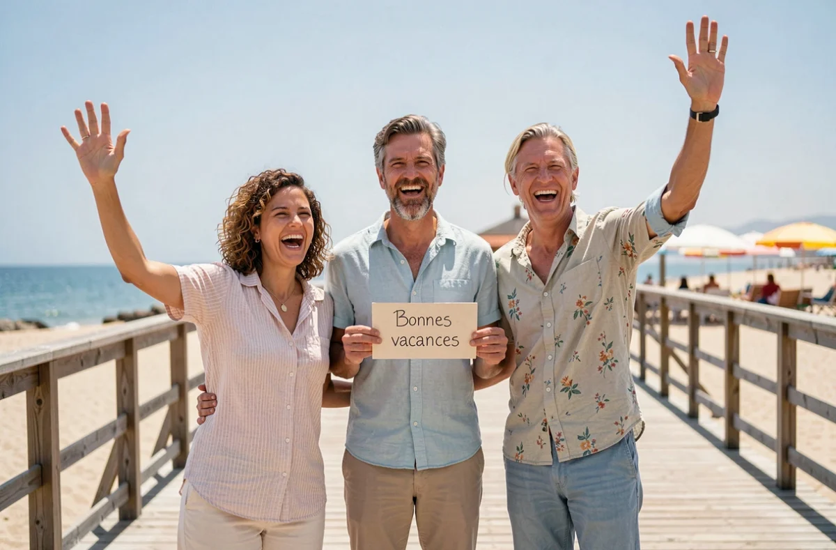 Groupe d'amis disant bonnes vacances sur une promenade au bord de la mer