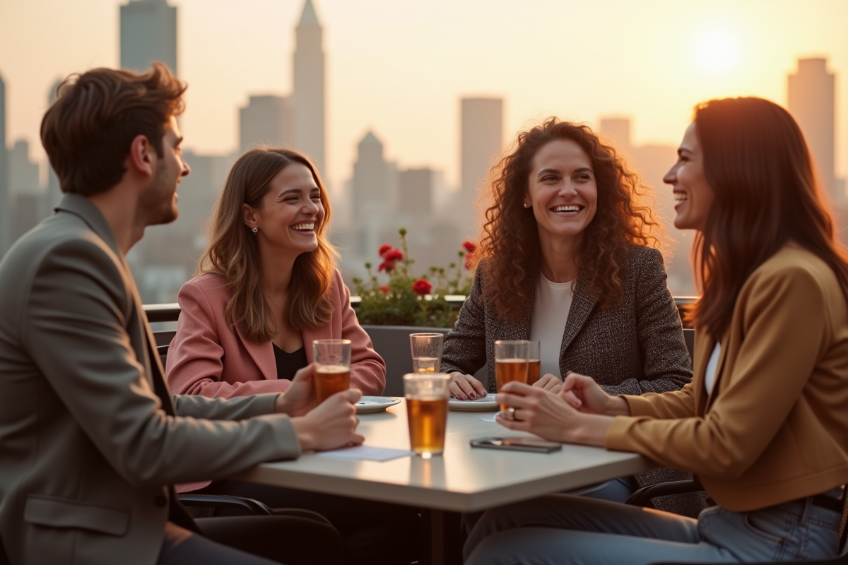 Groupe d amis souriants dans un café rooftop tendance