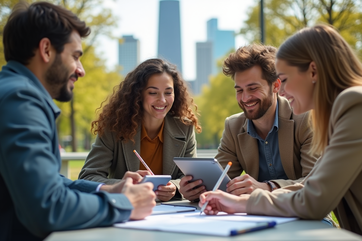 Groupe divers en brainstorming dans un parc urbain en plein jour