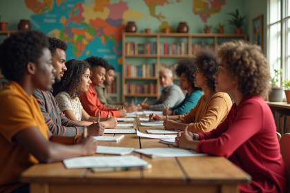 Groupe diversifié en discussion dans un centre communautaire