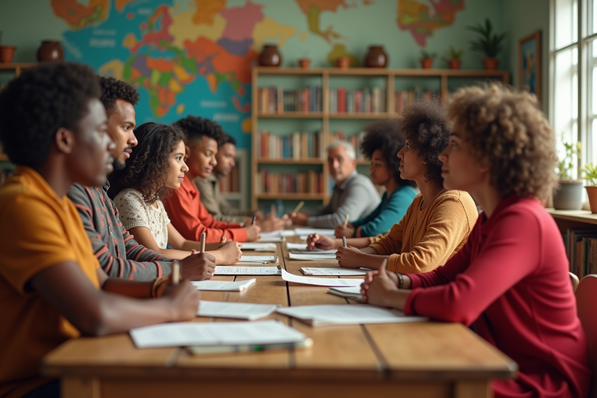 Groupe diversifié en discussion dans un centre communautaire