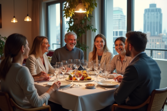 Groupe d'amis souriants autour d'une table à dîner moderne