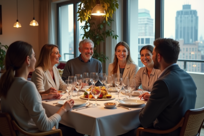 Groupe d'amis souriants autour d'une table à dîner moderne