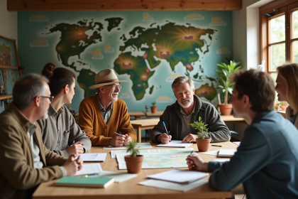 Groupe divers en discussion autour de cartes et plantes