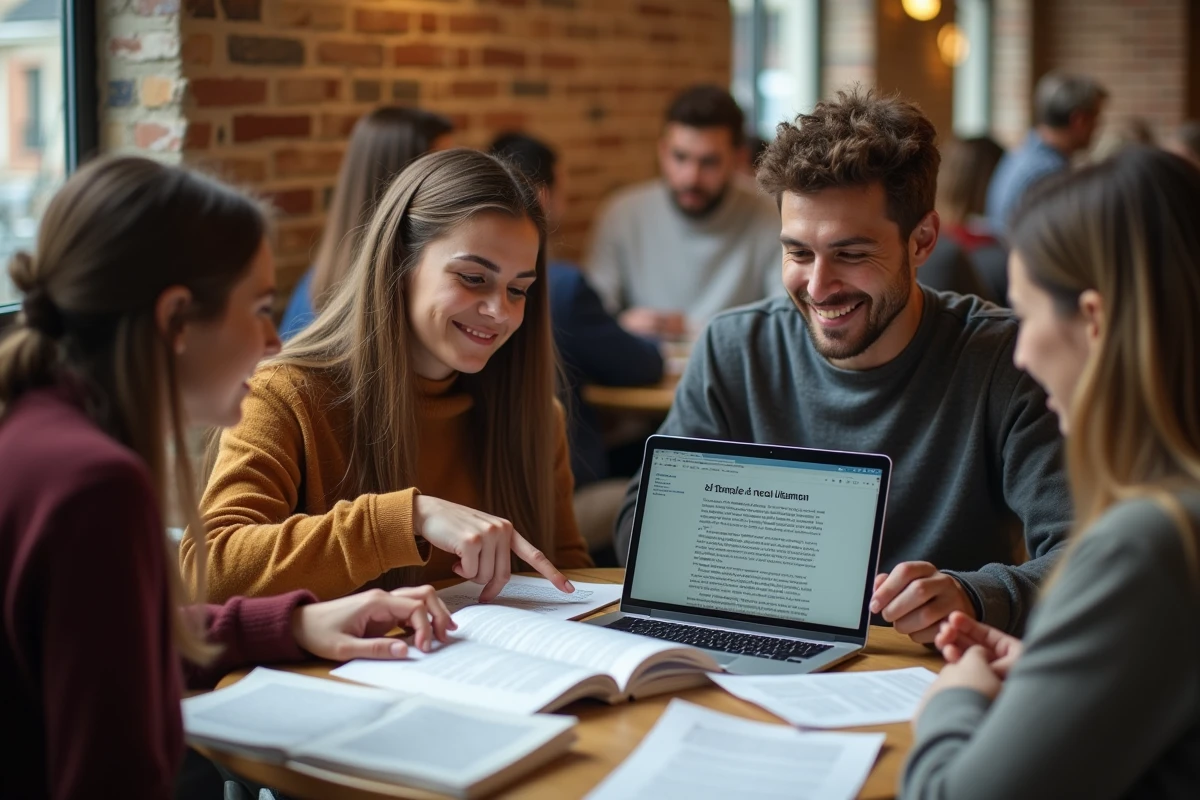 Groupe d'étudiants en révision collective autour de cours de sociologie sur la définition du fait social