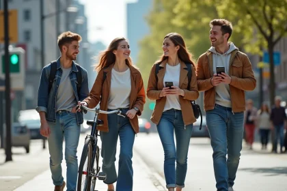Groupe de jeunes adultes en déplacement urbain dynamique