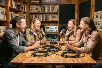 Groupe d'amis adultes enregistrant un podcast humoristique autour d'une table avec des microphones vintage dans un studio radio chaleureux
