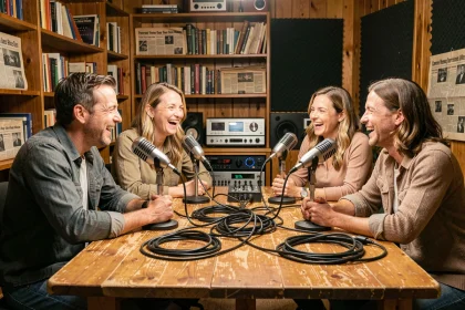 Groupe d'amis adultes enregistrant un podcast humoristique autour d'une table avec des microphones vintage dans un studio radio chaleureux