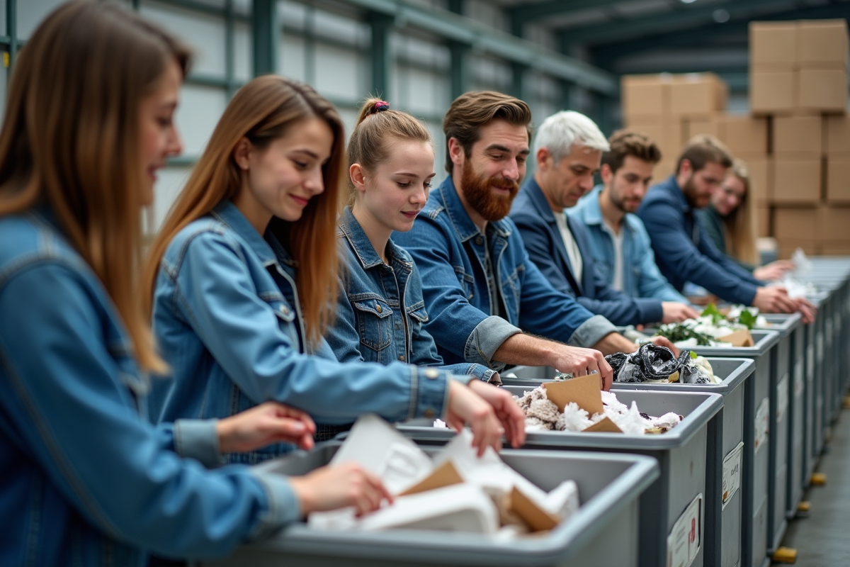 Groupe de personnes triant des matériaux recyclables en centre de tri