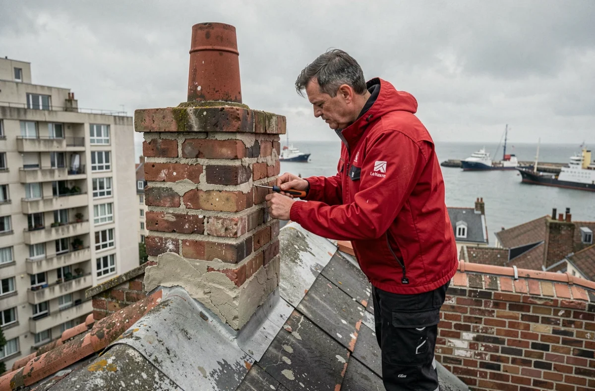 Artisan de Guérin Toiture inspectant une souche de cheminée sur un toit à Le Havre avec vue sur le port
