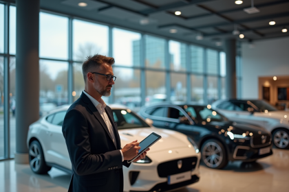 Homme d'affaires analysant des voitures dans un showroom moderne
