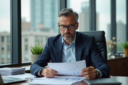 Homme d'affaires analyse un graphique dans un bureau moderne