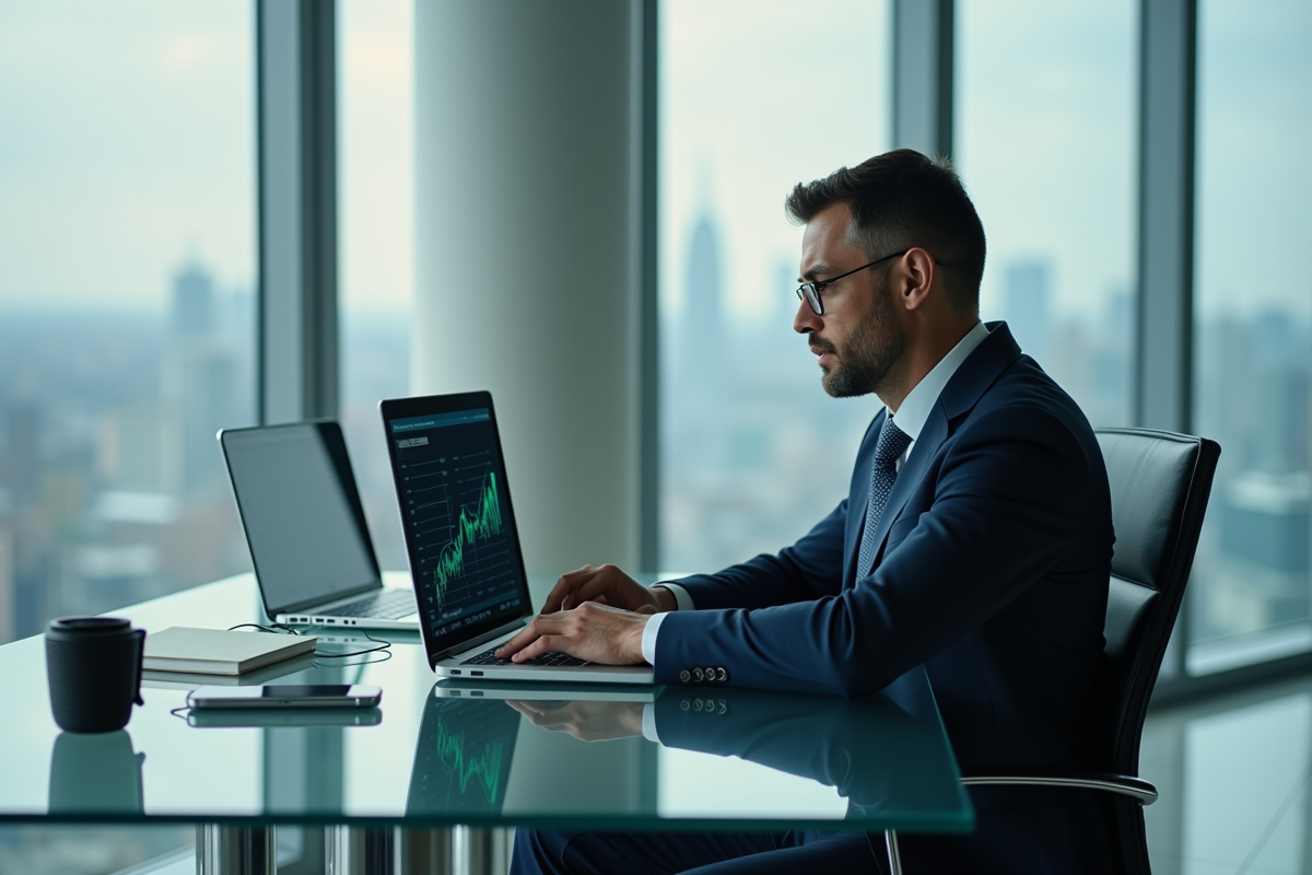 Homme d'affaires en costume analysant des données économiques
