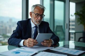Homme d affaires en costume regardant des documents financiers