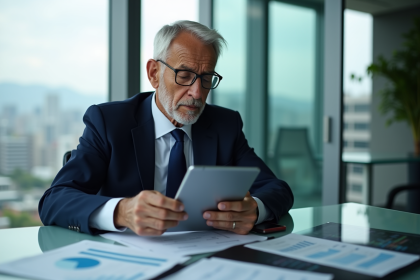 Homme d affaires en costume regardant des documents financiers