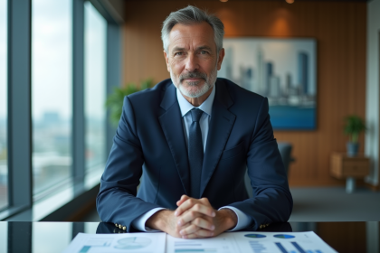 Homme d'affaires en costume navy dans un bureau moderne