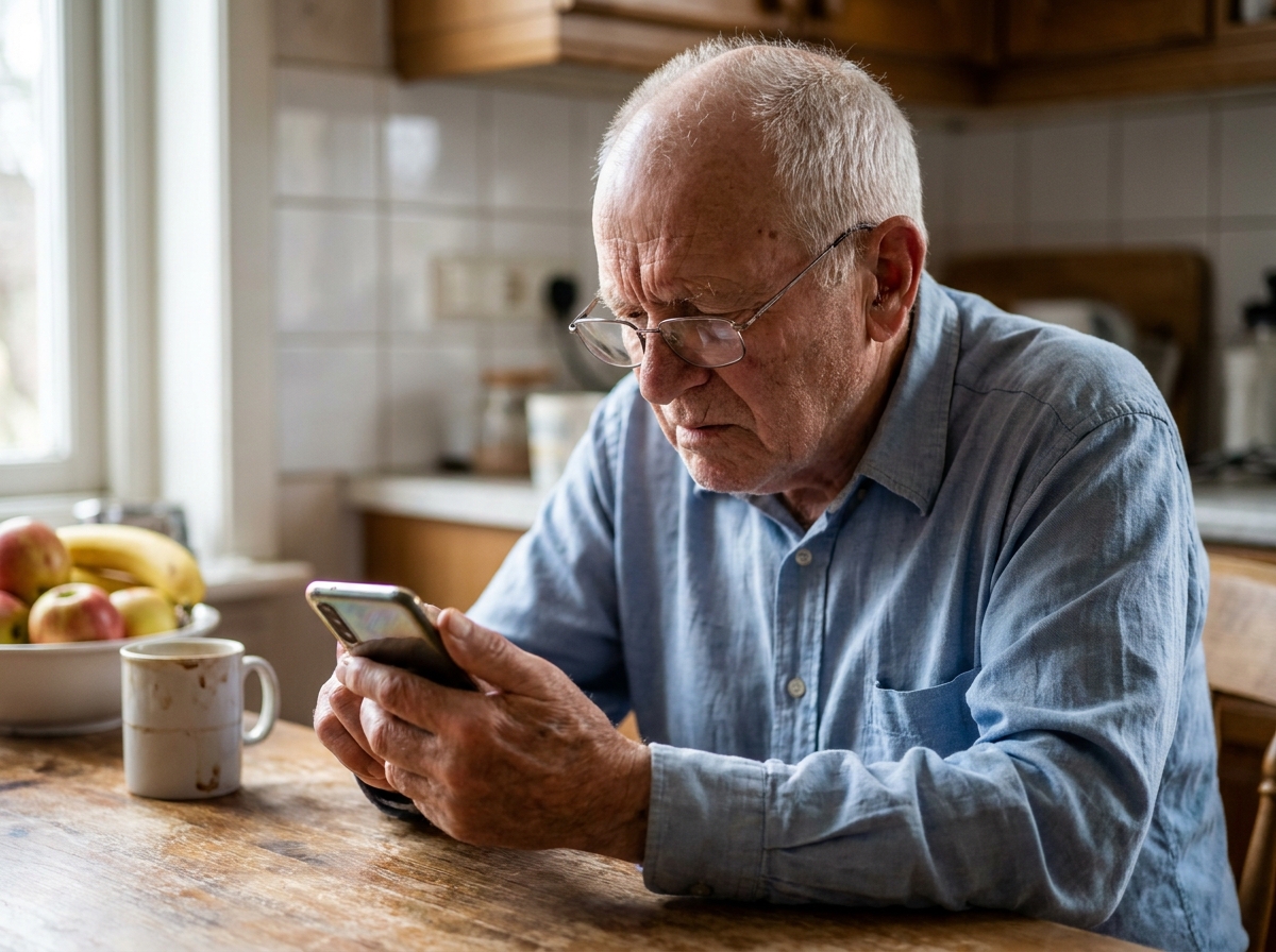 Homme âgé regardant de très près l'écran de son smartphone, symbolisant la dégradation de la vision avec le vieillissement