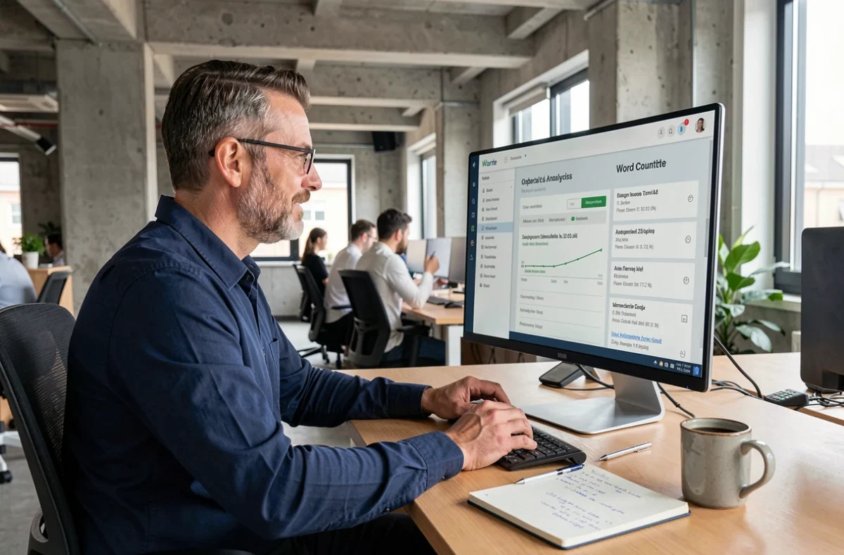 Homme analysant un compteur d'emots bilingue sur un grand écran dans un bureau professionnel moderne